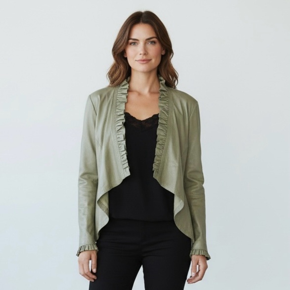 BLACK Saks Fifth Avenue Genuine Leather High Low Ruffled Trim Light Green Jacket